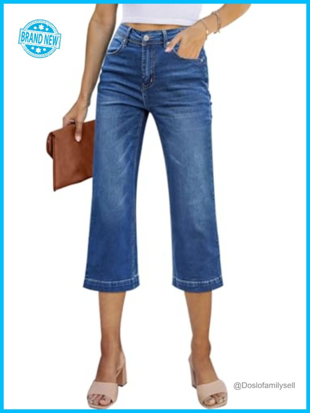 High Waisted Wide Leg Capri Jeans Stretchy Loose Fit Denim Pants